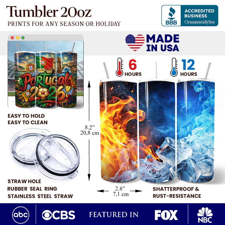 Portugal 2026 Soccer Cup Global Championship 20oz Tumbler With Lid and Stainless Steel Straw, Fans Football Gift Cup