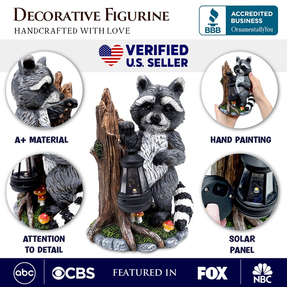 Raccoon Solar Lamp Garden Statue, 9" Lighted Animal Figurine Outdoor Decor Resin Statues OrnamentallyYou 