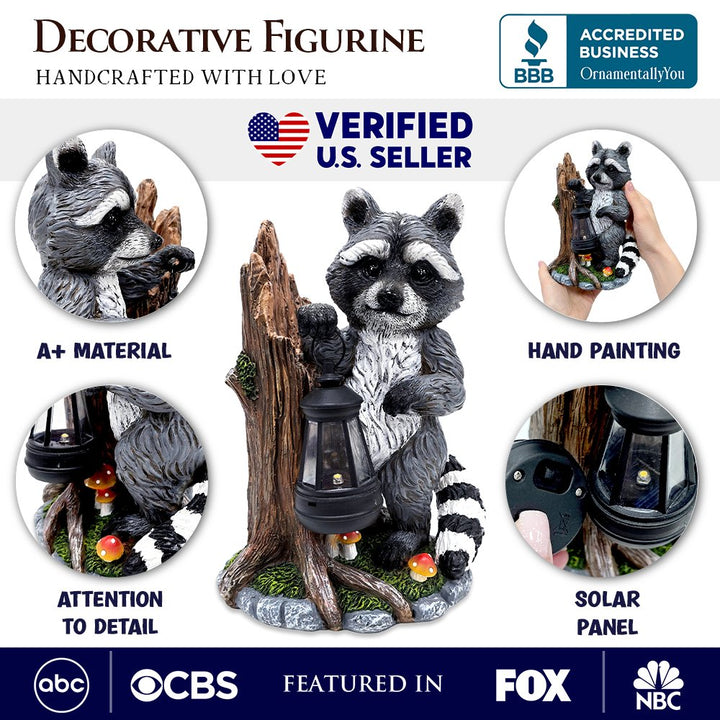 Raccoon Solar Lamp Garden Statue, 9" Lighted Animal Figurine Outdoor Decor Resin Statues OrnamentallyYou 
