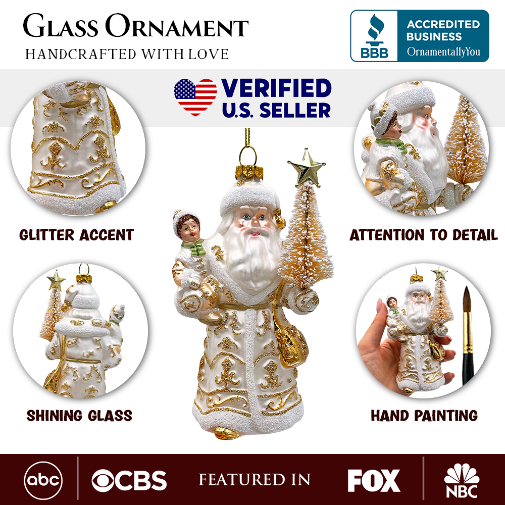 (Pre-Order) Radiant Gold Santa Claus Glass Christmas Ornament, Holiday Tree Decoration
