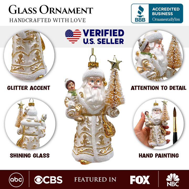(Pre-Order) Radiant Gold Santa Claus Glass Christmas Ornament, Holiday Tree Decoration
