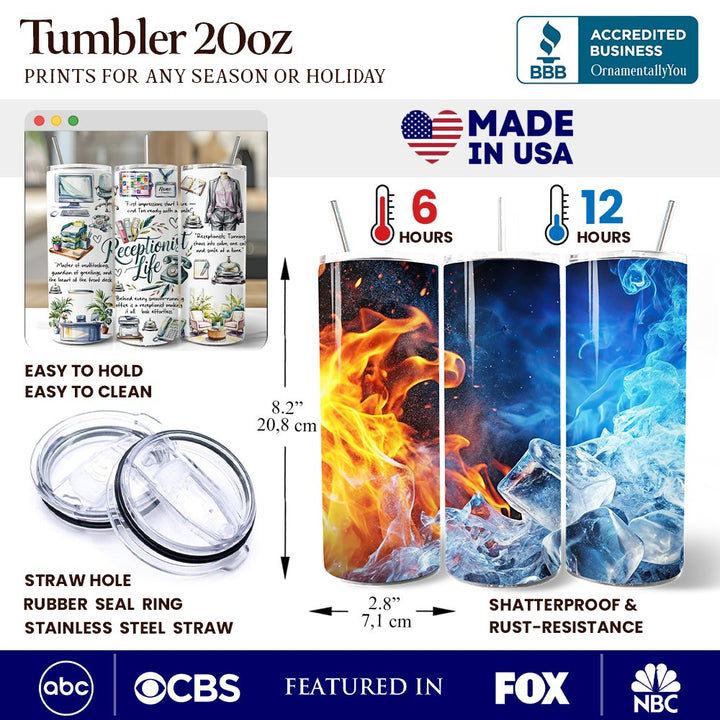 Receptionist Life 20oz Personalized Tumbler With Lid and Stainless Steel Straw, Front Desk Office Professional Gift Cup Tumbler OrnamentallyYou 