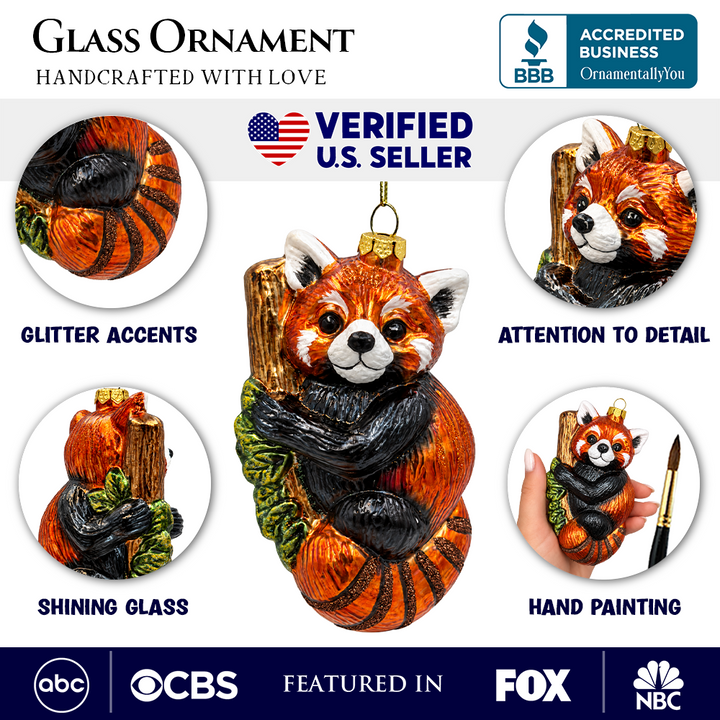 (PRE-ORDER) Red Panda on Tree Branch Glass Christmas Ornament, Woodland Wildlife Animal Holiday Decor