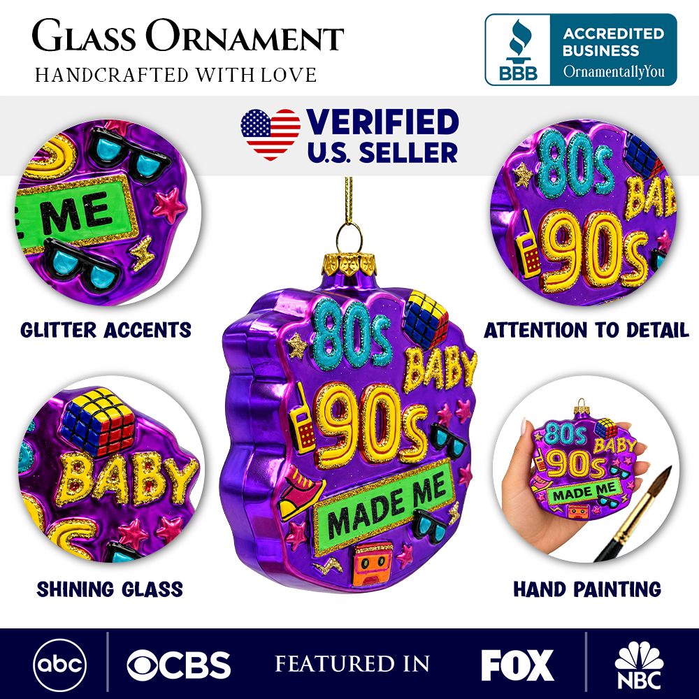 (PRE-ORDER) Retro 80s Baby 90s Made Me Glass Ornament, 1980s 1990s Nostalgia Christmas Tree Decor