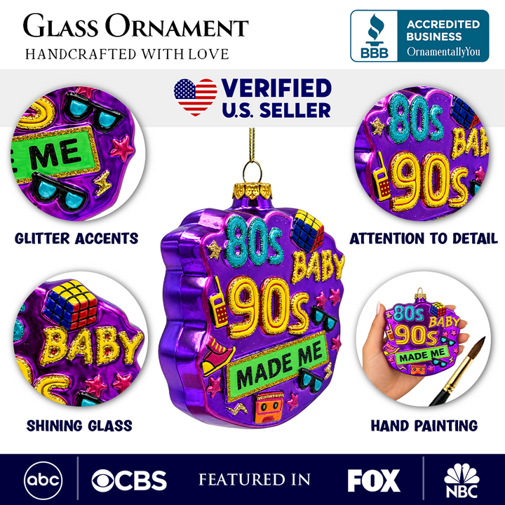 (PRE-ORDER) Retro 80s Baby 90s Made Me Glass Ornament, 1980s 1990s Nostalgia Christmas Tree Decor
