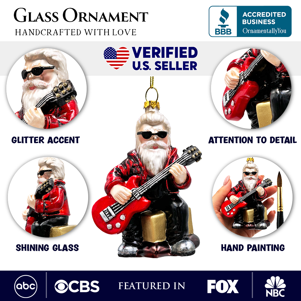 (Pre-Order) Rock Guitarist Santa Claus Glass Christmas Ornament, Rocker Musician Gift
