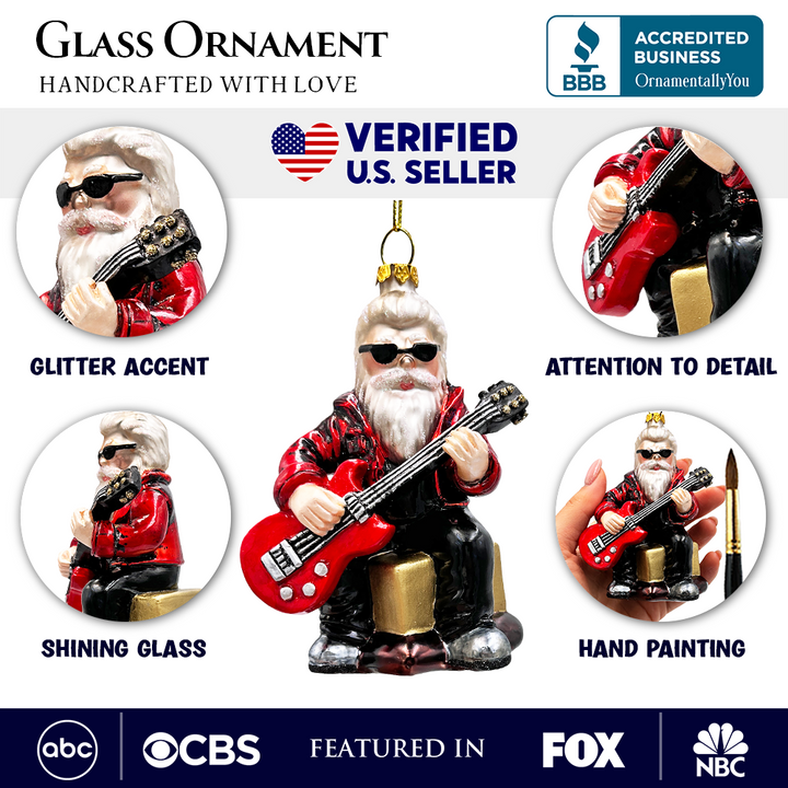 (Pre-Order) Rock Guitarist Santa Claus Glass Christmas Ornament, Rocker Musician Gift