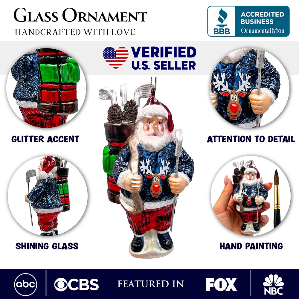 Santa Golfer Glass Christmas Ornament, Golf Holiday Tree Decor Glass Ornament OrnamentallyYou 