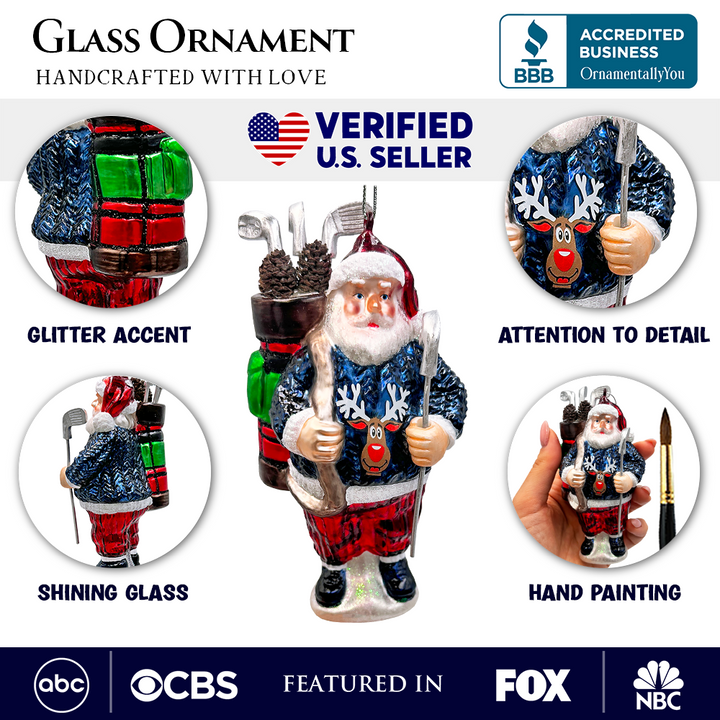 (Pre-Order) Santa Golfer Glass Christmas Ornament, Golf Holiday Tree Decor