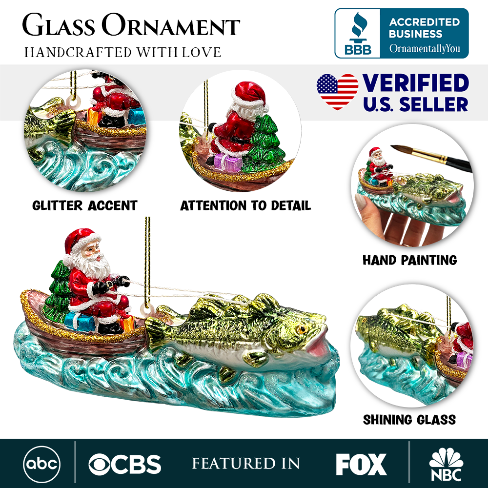 (Pre-Order) Santa's Fishing Adventure Glass Christmas Ornament, Holiday Angler Fish in Sleigh