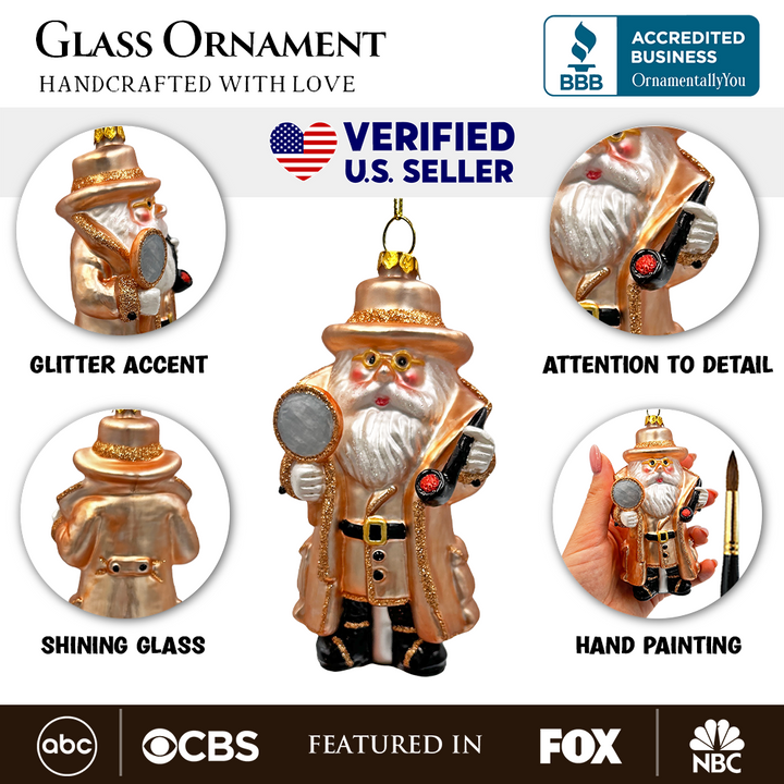 (Pre-Order) Santa the Detective Glass Christmas Ornament, Criminal Police Investigator Gift