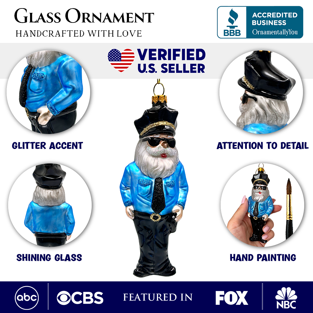 (Pre-Order) Santa the Police Officer Glass Christmas Ornament, Law Enforcement Cop Tree Decor