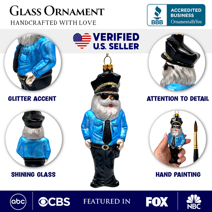 (Pre-Order) Santa the Police Officer Glass Christmas Ornament, Law Enforcement Cop Tree Decor