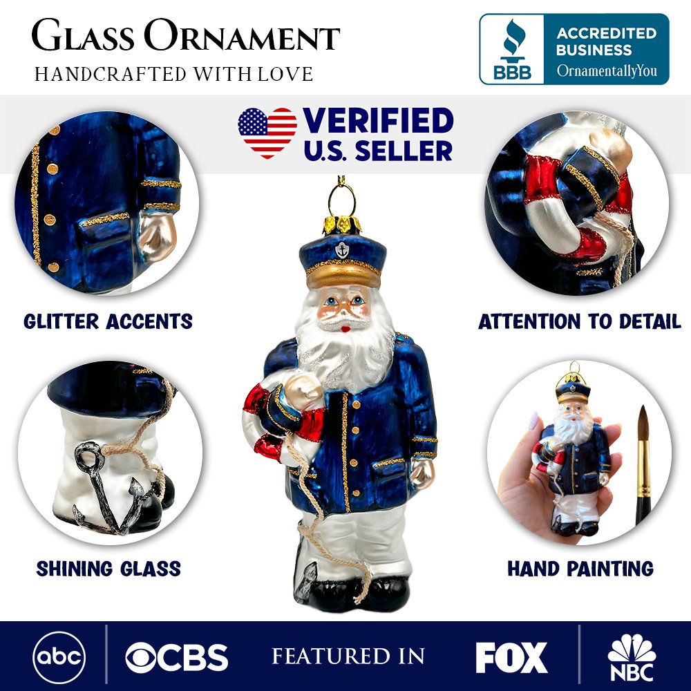 (Pre-Order) Santa the Ship Captain Glass Ornament, Gift for Boat Commander of the Seas Glass Ornament OrnamentallyYou 