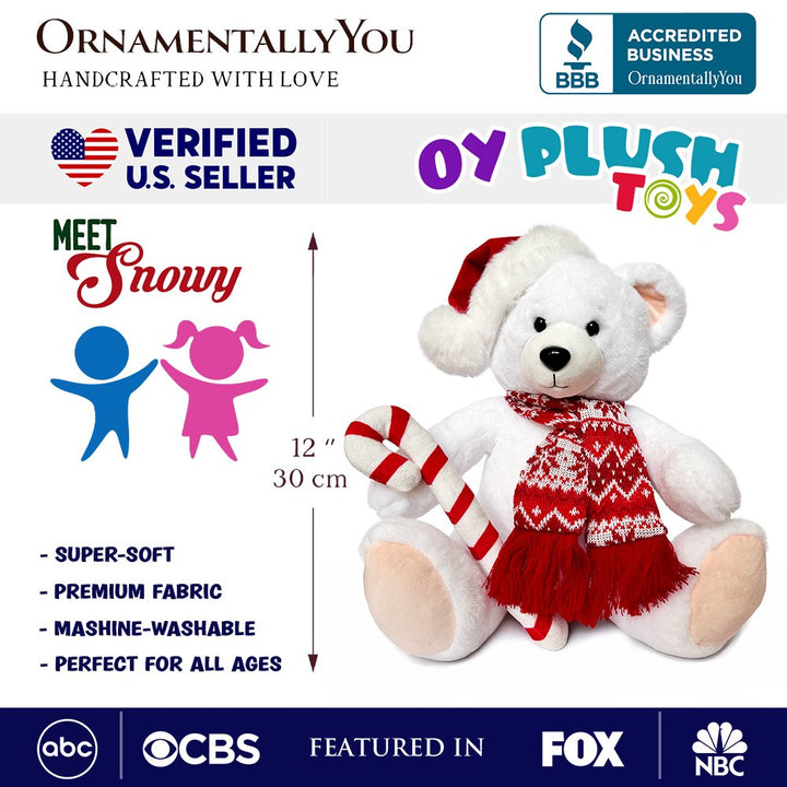 Snowy the Polar Bear Plushie, Cute Kids’ 12" Christmas Stuffed Toy, Santa Hat and Candy Cane Plush Toys OrnamentallyYou 