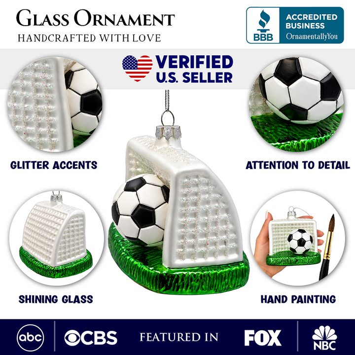 (PRE-ORDER) Soccer Ball and Goal Glass Christmas Ornament, Soccer Player Sports Holiday Tree Decor