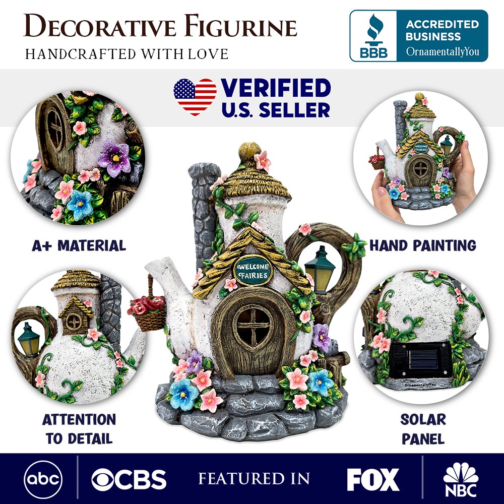 Solar Fairy Tea Pot House Garden Statue, 8" Lighted Mushroom Cottage Figurine Outdoor Decor Resin Statues OrnamentallyYou 