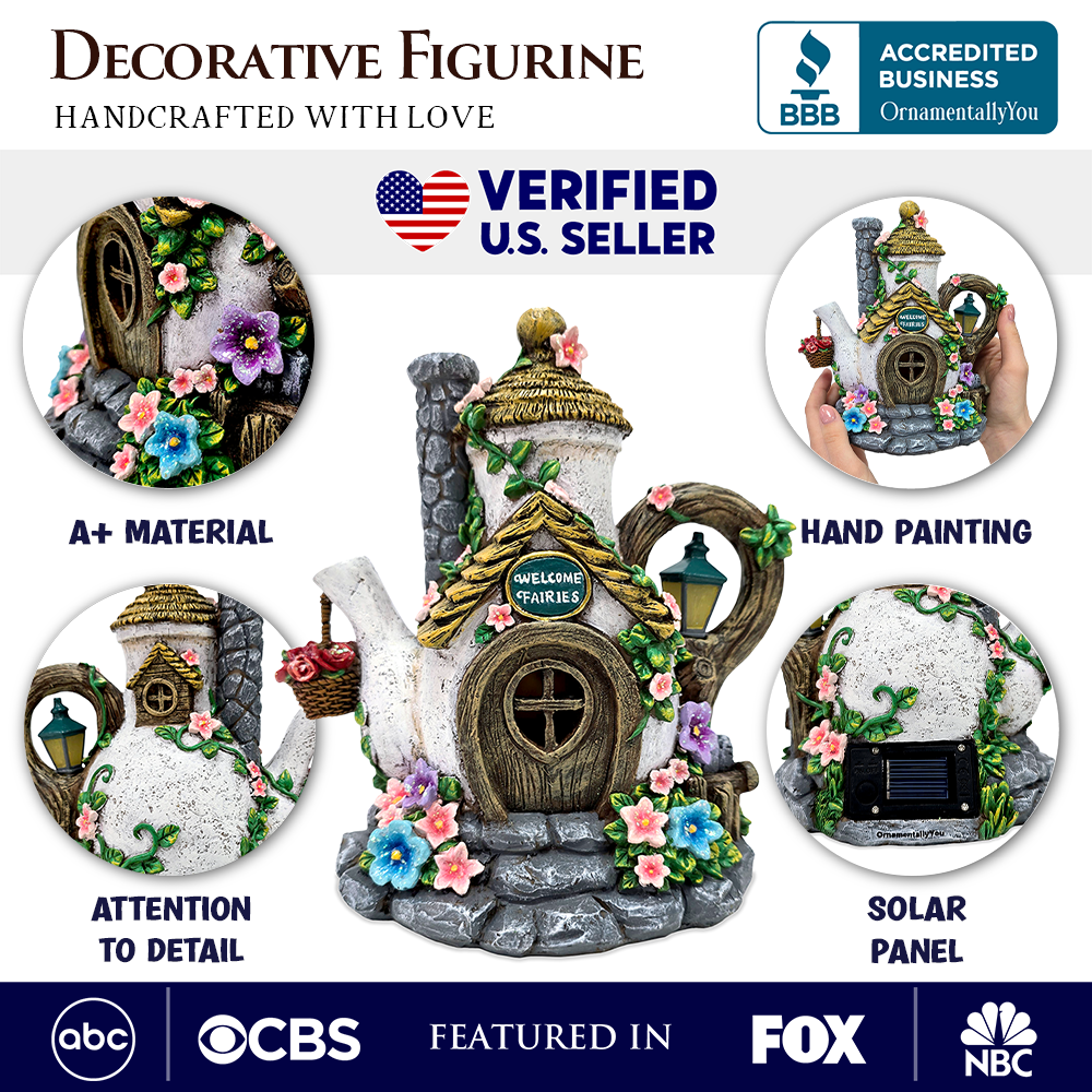 Solar Fairy Tea Pot House Garden Statue, 8 Lighted Mushroom Cottage Figurine Outdoor Decor
