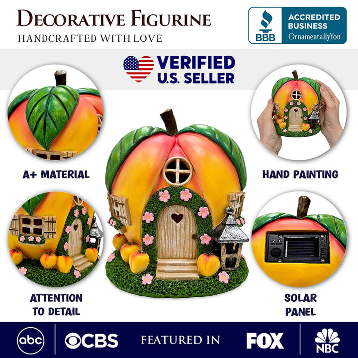 Solar Powered Peach Themed Garden Home Statue, 7" Lighted Cottage Figurine Outdoor Decor Resin Statues OrnamentallyYou 