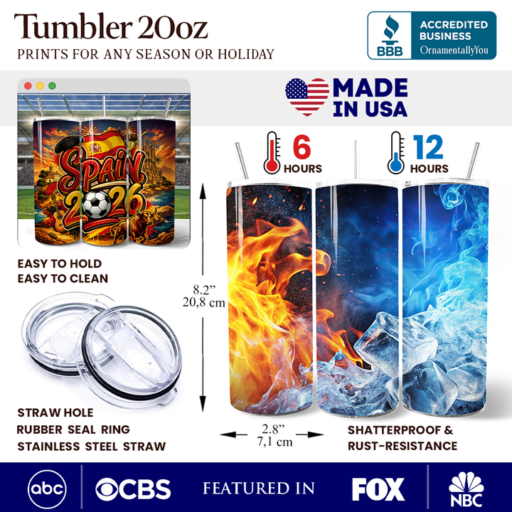 Spain 2026 Soccer Cup Global Championship 20oz Tumbler With Lid and Stainless Steel Straw, Fans Football Gift Cup