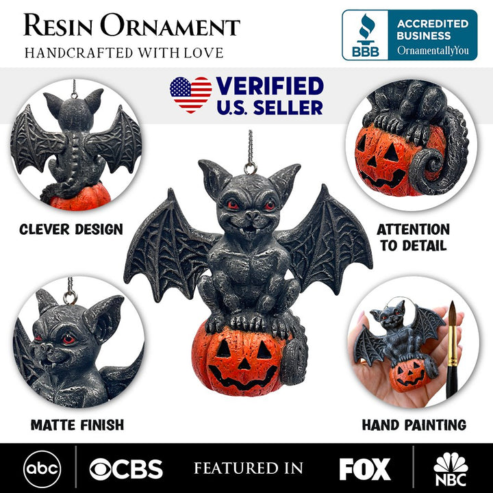 Spooky Gargoyle on a Pumpkin Ornament, Goth Halloween Themed Tree Decor Resin Ornaments OrnamentallyYou 