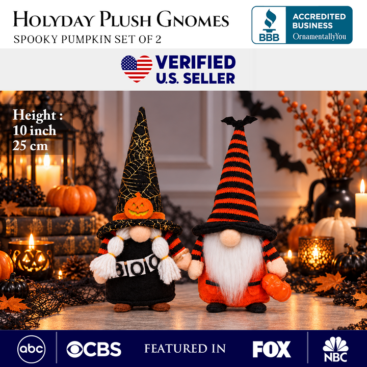 Spooky Pumpkin Plush Gnome Set of 2, Trick or Treat Halloween 10" Tabletop Decor