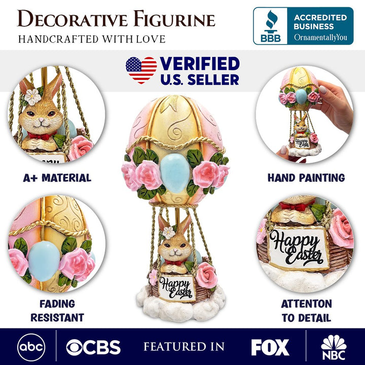 Springtime Voyage Easter Bunny Hot Air Balloon Figurine, 7" Charming Holiday Decor Resin Statues OrnamentallyYou 