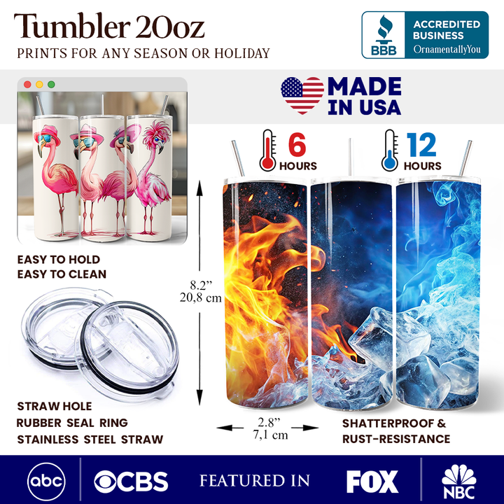 Stylish Summer Flamingo 20oz Personalized Tumbler With Lid and Stainless Steel Straw, Retro Tropical Birds Gift Cup