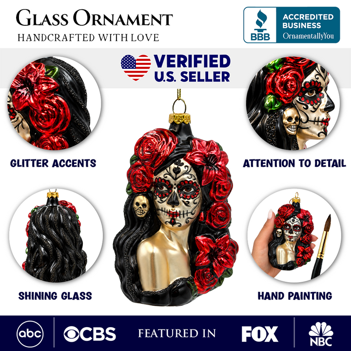 (PRE-ORDER) Sugar Skull Woman with Red Roses Glass Ornament, Day of the Dead Gothic Halloween Decor