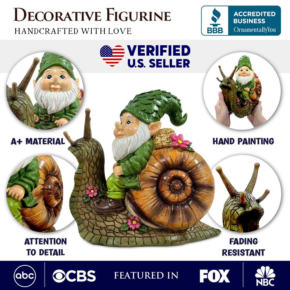 The Snailbound Gnome Cute Verdant Garden Statue, 10" Outdoor Yard or Forest Snail Decoration Resin Statues OrnamentallyYou 