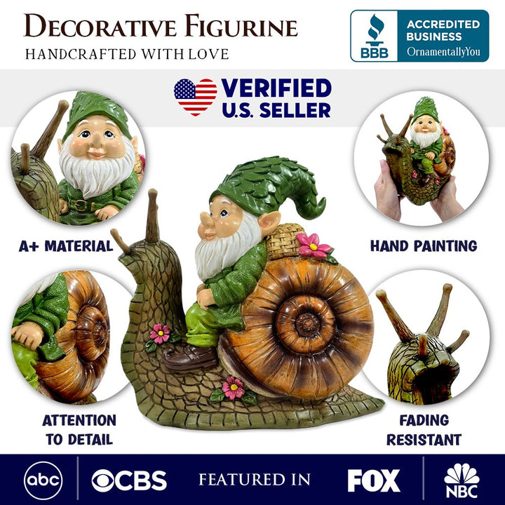 The Snailbound Gnome Cute Verdant Garden Statue, 10" Outdoor Yard or Forest Snail Decoration Resin Statues OrnamentallyYou 