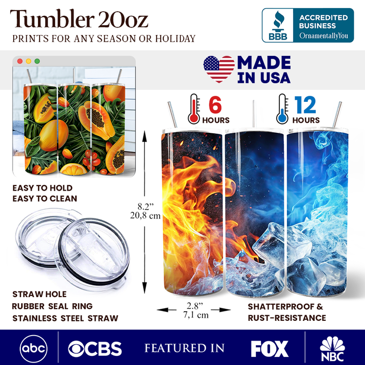 Tropical Papaya, Mango and Citrus 20oz Personalized Tumbler With Lid and Stainless Steel Straw, Exotic Summer Fruit Gift Cup