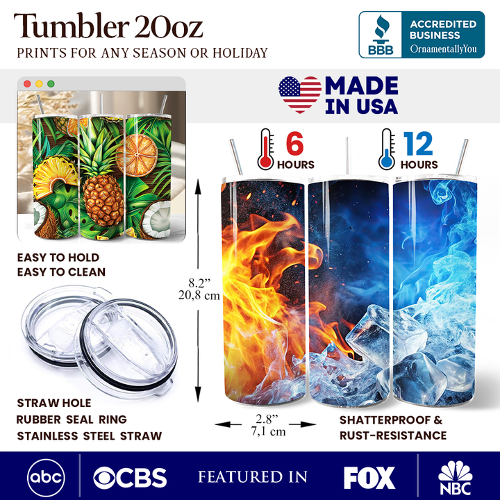 Tropical Pineapple, Citrus and Coconut 20oz Personalized Tumbler With Lid and Stainless Steel Straw, Exotic Summer Fruit Gift Cup