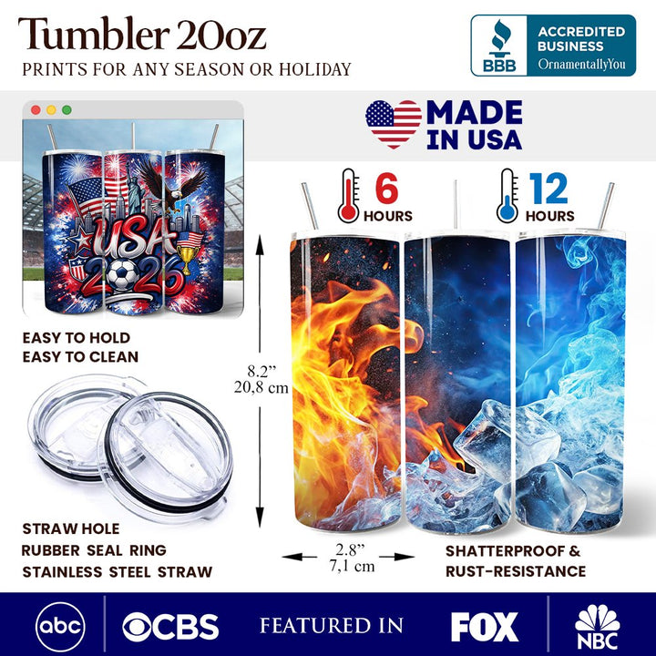 USA 2026 Soccer Cup Global Championship 20oz Tumbler With Lid and Stainless Steel Straw, Fans Football Gift Cup Tumbler OrnamentallyYou 