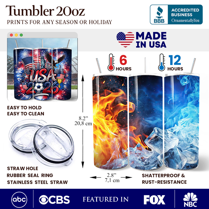 USA 2026 Soccer Cup Global Championship 20oz Tumbler With Lid and Stainless Steel Straw, Fans Football Gift Cup