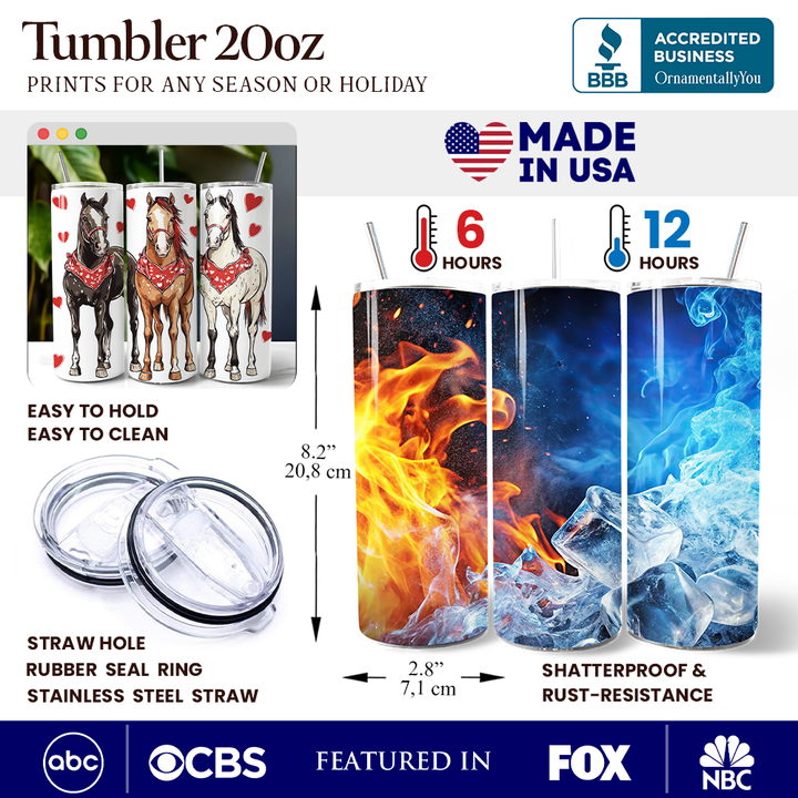 Valentine Horses Western Pattern 20oz Personalized Tumbler With Lid and Stainless Steel Straw, Cute Country Travel Mug Gift