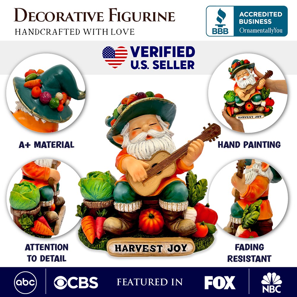 Veggie Farmer Gnome Figurine, 9" Ukulele Playing Vegetable Dwarf Garden Statue Resin Statues OrnamentallyYou 