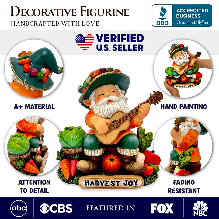 Veggie Farmer Gnome Figurine, 9" Ukulele Playing Vegetable Dwarf Garden Statue Resin Statues OrnamentallyYou 
