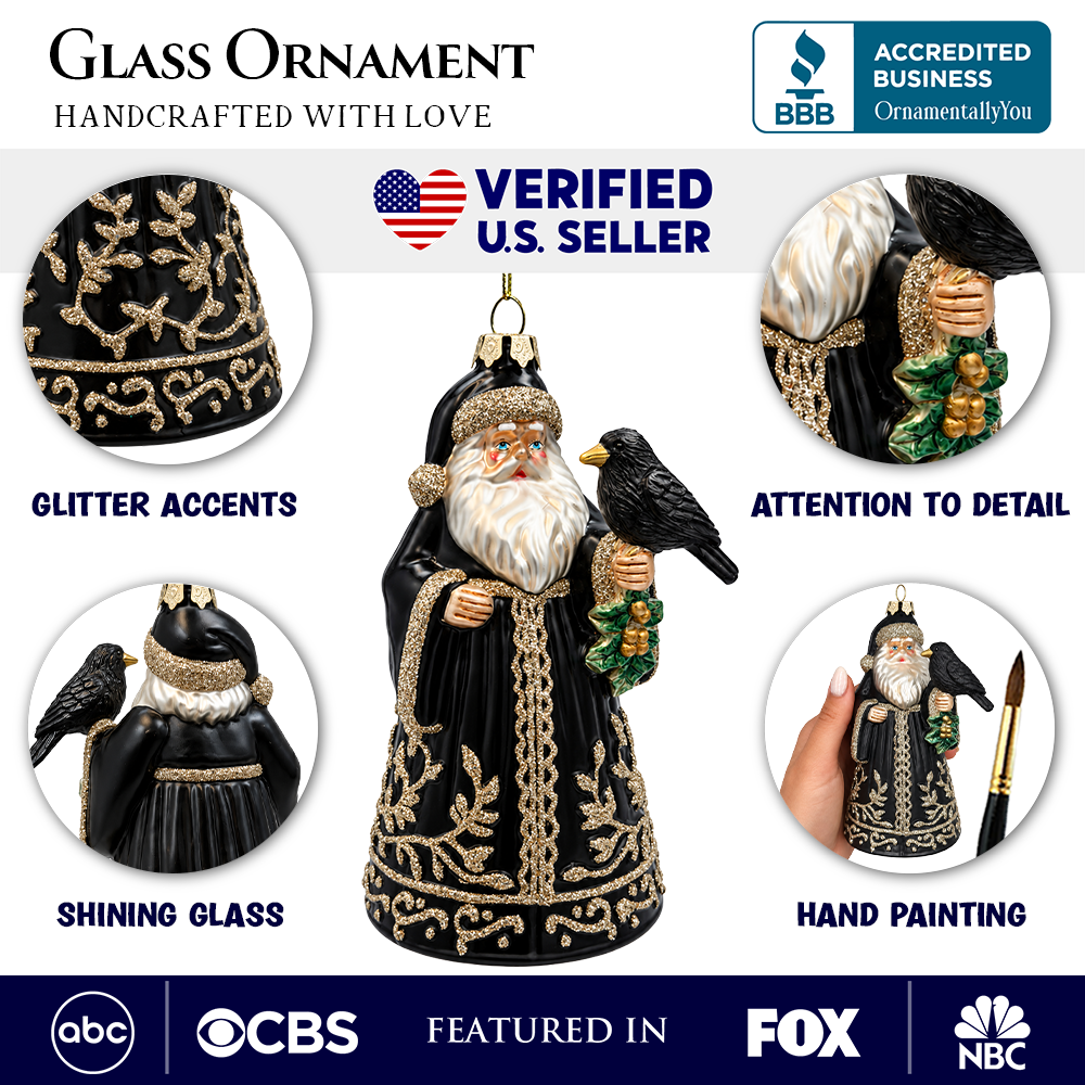 (PRE-ORDER) Victorian Gothic Santa with Raven Glass Christmas Ornament, Dark Holiday Tree Decor