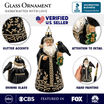(PRE-ORDER) Victorian Gothic Santa with Raven Glass Christmas Ornament, Dark Holiday Tree Decor