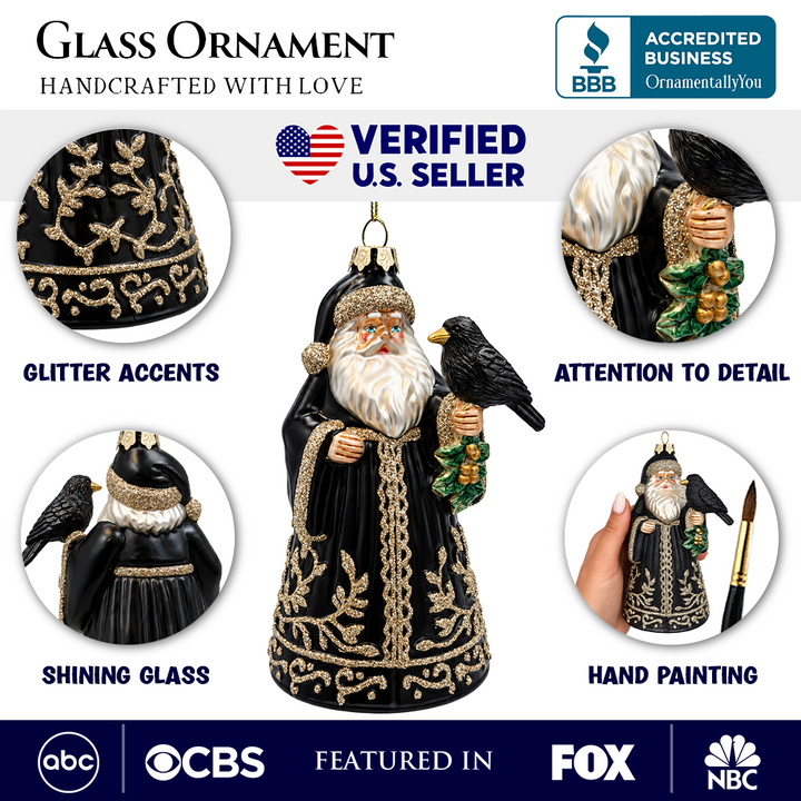 (PRE-ORDER) Victorian Gothic Santa with Raven Glass Christmas Ornament, Dark Holiday Tree Decor