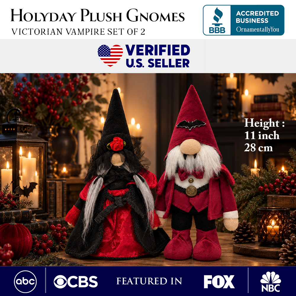Victorian Vampire Plush Gnome Set of 2, Red and Black Gothic 11" Halloween Couple Decor