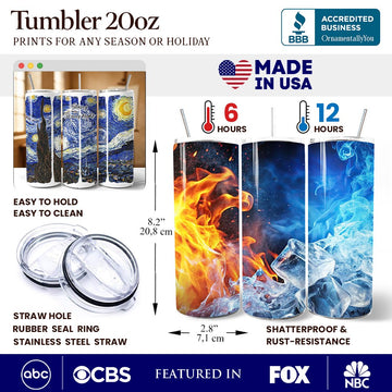 Vincent Van Gogh The Starry Night 20oz Personalized Tumbler With Lid and Stainless Steel Straw, Famous Post-Impressionism Painting Gift Cup Tumbler OrnamentallyYou 