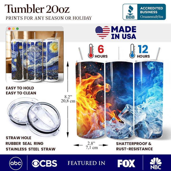 Vincent Van Gogh The Starry Night 20oz Personalized Tumbler With Lid and Stainless Steel Straw, Famous Post-Impressionism Painting Gift Cup Tumbler OrnamentallyYou 