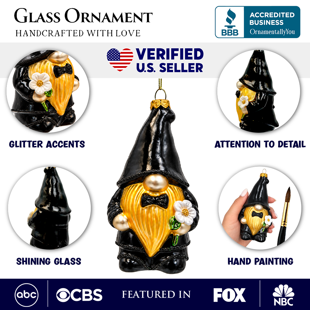 (PRE-ORDER) Wedding Groom Gnome Glass Ornament, Newlywed Husband Gift and Wedding Tree Decor