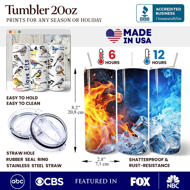 Whimsical Bird Tit 20oz Personalized Tumbler With Lid and Stainless Steel Straw, Funny Birdwatcher Gift Cup