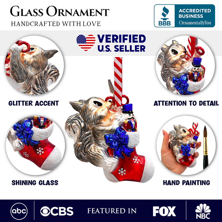 (Pre-Order) Whimsical Cute Squirrel Glass Ornament, Funny Adorable Animal Gift for Kids