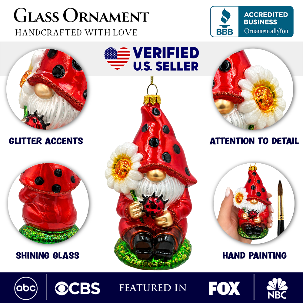 (PRE-ORDER) Whimsical Ladybug Gnome with Daisy Glass Christmas Ornament, Garden Gnome Holiday Tree Decor