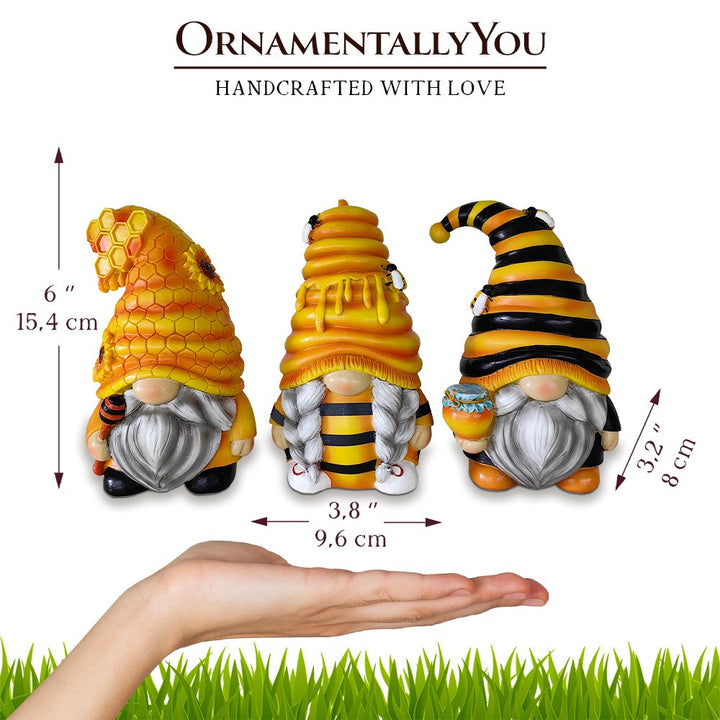 (Pre-Order) Buzzy Trio Set of Three Bumble Bee Gnome Figurines, 6" Tiered Tray Home or Garden Decoration Resin Statues OrnamentallyYou 