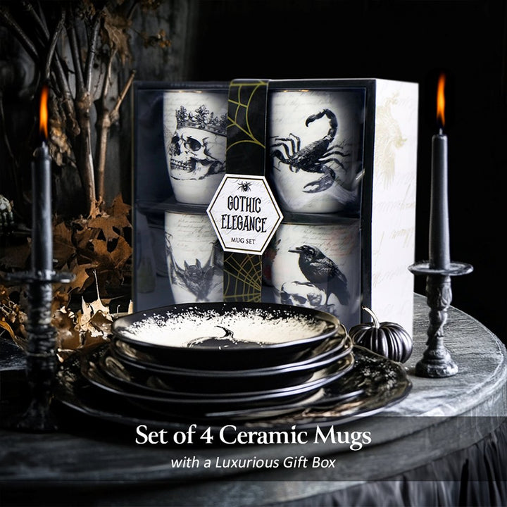 (Pre-Order) Elegant Goth Set of 4 Ceramic Mugs with Real Gold Trim, Black and White Spooky Halloween Coffee Cup Kitchen Gift Mug Sets OrnamentallyYou 